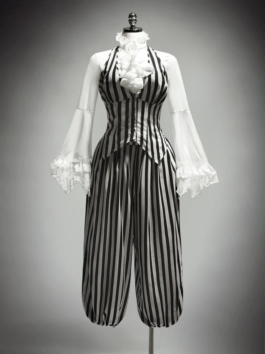 SHEIN ICON Plus Size Vintage Y2K Sexy Black & White Striped Halloween Suit Set, Clown Cosplay Suit Set, Halloween - Black and White - View 1