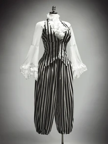 SHEIN ICON Plus Size Vintage Y2K Sexy Black & White Striped Halloween Suit Set, Clown Cosplay Suit Set, Halloween - Black and White - View 5