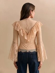 CielaLinda Women's Lace Ruffle Boho Blouse, Flare Sleeve Long Sleeve Top, Romantic Sheer Shirt - Coral Pink - View 2