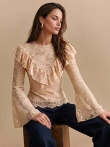 CielaLinda Women's Lace Ruffle Boho Blouse, Flare Sleeve Long Sleeve Top, Romantic Sheer Shirt - Coral Pink - View 7
