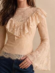 CielaLinda Women's Lace Ruffle Boho Blouse, Flare Sleeve Long Sleeve Top, Romantic Sheer Shirt - Coral Pink - View 6