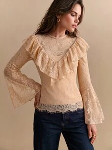 CielaLinda Women's Lace Ruffle Boho Blouse, Flare Sleeve Long Sleeve Top, Romantic Sheer Shirt - Coral Pink - View 5