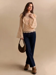 CielaLinda Women's Lace Ruffle Boho Blouse, Flare Sleeve Long Sleeve Top, Romantic Sheer Shirt - Coral Pink - View 4