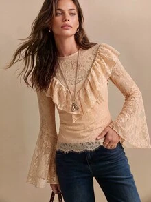 CielaLinda Women's Lace Ruffle Boho Blouse, Flare Sleeve Long Sleeve Top, Romantic Sheer Shirt - Coral Pink - View 3