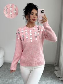 Elenzga 女款秋季新品單件圓領手工串珠時尚設計優雅寬鬆修身針織套頭長袖毛衣 - 粉色 - 查看 5