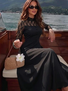 Selenza Contrast Lace Flounce Sleeve Dress - Black - View 6