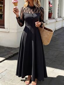 Selenza Contrast Lace Flounce Sleeve Dress - Black - View 5
