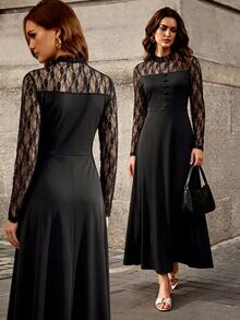 Selenza Contrast Lace Flounce Sleeve Dress - Black - View 4