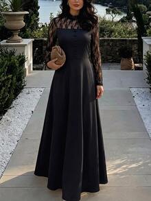 Selenza Contrast Lace Flounce Sleeve Dress - Black - View 3