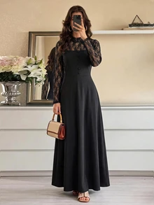 Selenza Contrast Lace Flounce Sleeve Dress - Black - View 2