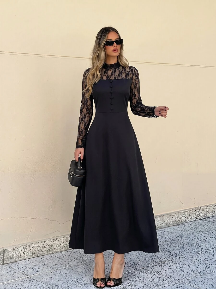 Selenza Contrast Lace Flounce Sleeve Dress - Black - View 1