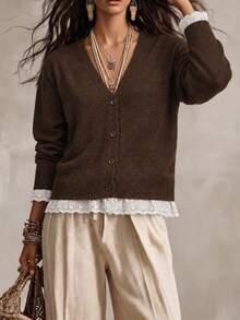 Wandoria Women's Autumn New Single Piece V-Neck Loose Regular Fit Lace Trim Patchwork Sweet Elegant Design Lady Daily Versatile Solid Color Sophisticated Knit Button Cardigan Top - Coffee Brown - View 4