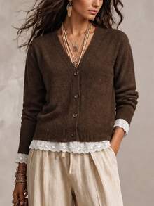 Wandoria Women's Autumn New Single Piece V-Neck Loose Regular Fit Lace Trim Patchwork Sweet Elegant Design Lady Daily Versatile Solid Color Sophisticated Knit Button Cardigan Top - Coffee Brown - View 5