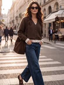 Wandoria Women's Autumn New Single Piece V-Neck Loose Regular Fit Lace Trim Patchwork Sweet Elegant Design Lady Daily Versatile Solid Color Sophisticated Knit Button Cardigan Top - Coffee Brown - View 3