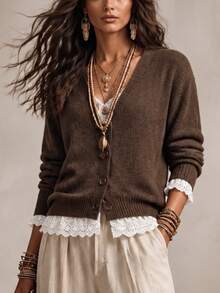 Wandoria Women's Autumn New Single Piece V-Neck Loose Regular Fit Lace Trim Patchwork Sweet Elegant Design Lady Daily Versatile Solid Color Sophisticated Knit Button Cardigan Top - Coffee Brown - View 6