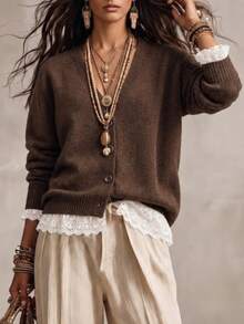Wandoria Women's Autumn New Single Piece V-Neck Loose Regular Fit Lace Trim Patchwork Sweet Elegant Design Lady Daily Versatile Solid Color Sophisticated Knit Button Cardigan Top - Coffee Brown - View 1
