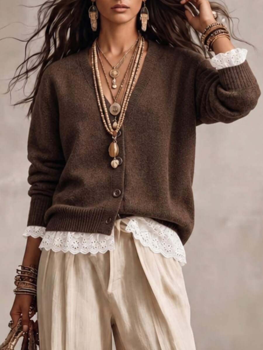 Wandoria Women's Autumn New Single Piece V-Neck Loose Regular Fit Lace Trim Patchwork Sweet Elegant Design Lady Daily Versatile Solid Color Sophisticated Knit Button Cardigan Top - Coffee Brown - View 1