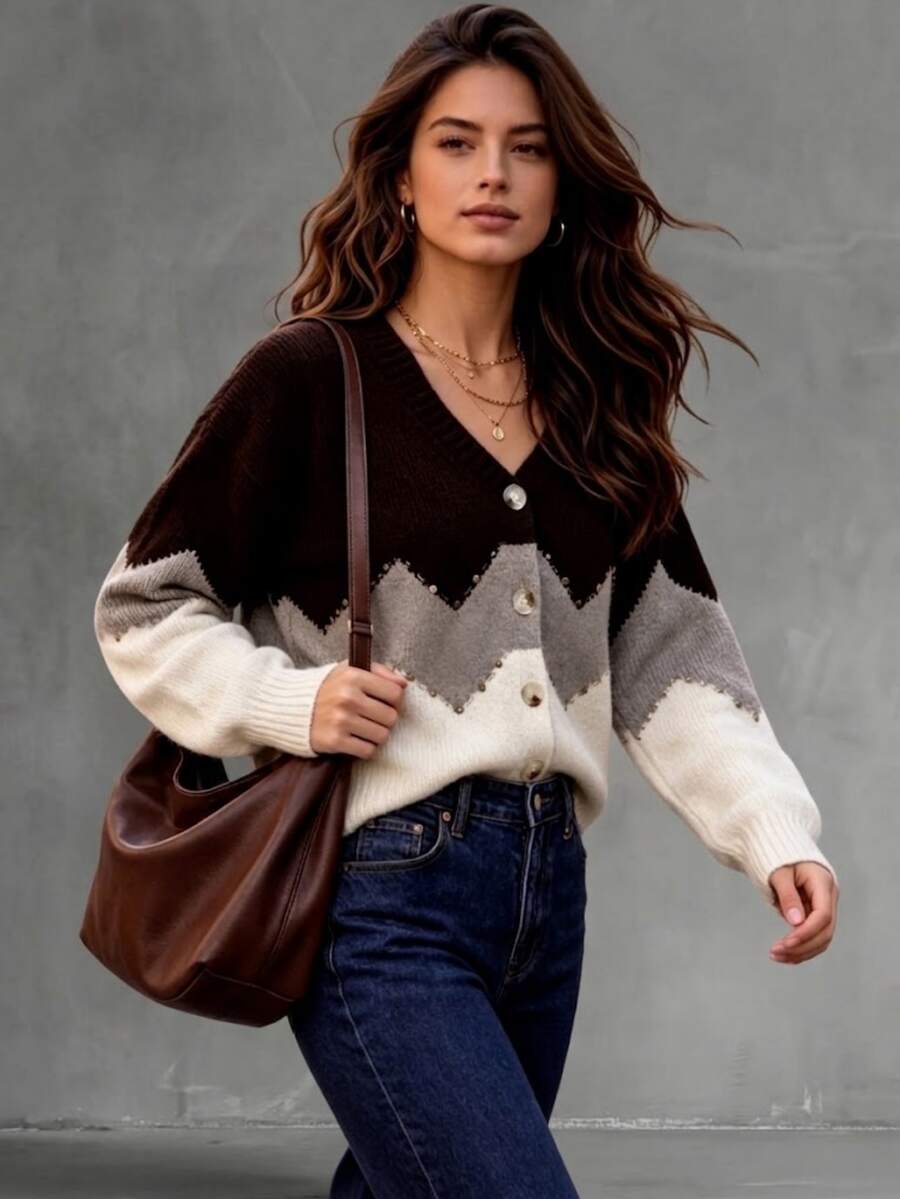 Wandoria Women's Autumn New Single Piece V-Neck Loose Regular Fit Hand-Beaded Wavy Multi-Color Button Design Versatile Daily Casual Comfortable Elegant Commute Knit Cardigan Long Sleeve - Multicolor - View 1