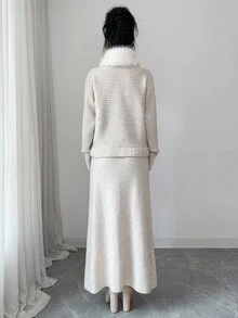 Elenzga Korean Style Lazy Chic Button Batwing Sleeve Detachable Fur Collar Cinched Waist Cardigan & A-Line Knit Skirt 2 Pieces Set - Apricot - View 2