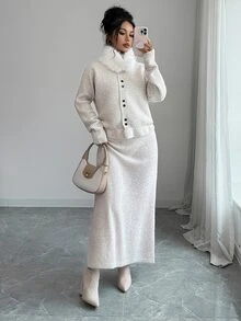 Elenzga Korean Style Lazy Chic Button Batwing Sleeve Detachable Fur Collar Cinched Waist Cardigan & A-Line Knit Skirt 2 Pieces Set - Apricot - View 1