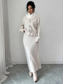Elenzga Korean Style Lazy Chic Button Batwing Sleeve Detachable Fur Collar Cinched Waist Cardigan & A-Line Knit Skirt 2 Pieces Set - Apricot - View 5
