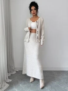 Elenzga Korean Style Lazy Chic Button Batwing Sleeve Detachable Fur Collar Cinched Waist Cardigan & A-Line Knit Skirt 2 Pieces Set - Apricot - View 3