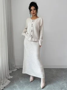 Elenzga Korean Style Lazy Chic Button Batwing Sleeve Detachable Fur Collar Cinched Waist Cardigan & A-Line Knit Skirt 2 Pieces Set - Apricot - View 4