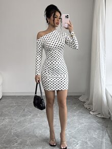 Elenzga 女款春夏/秋冬日常休閒度假通勤聚會法式波點印花不對稱領縮腰修身緊身長袖短洋裝，優雅時尚白色波點洋裝 - 白色 - 查看 5