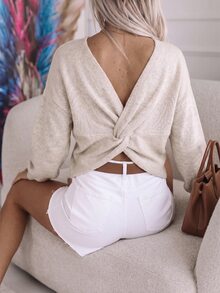 Omancia Women Reversible 2‑Way Wear Knit Pullover, Round Neck / Twist V‑Back Drop Shoulder Fall Sweater - Apricot - View 8