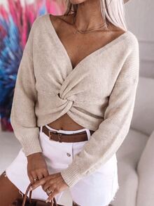 Omancia Women Reversible 2‑Way Wear Knit Pullover, Round Neck / Twist V‑Back Drop Shoulder Fall Sweater - Apricot - View 4