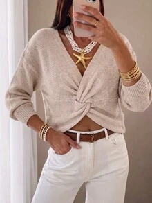 Omancia Women Reversible 2‑Way Wear Knit Pullover, Round Neck / Twist V‑Back Drop Shoulder Fall Sweater - Apricot - View 3