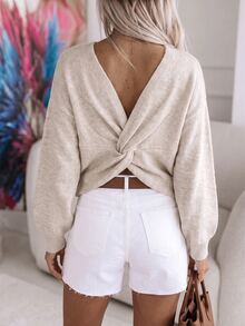 Omancia Women Reversible 2‑Way Wear Knit Pullover, Round Neck / Twist V‑Back Drop Shoulder Fall Sweater - Apricot - View 9