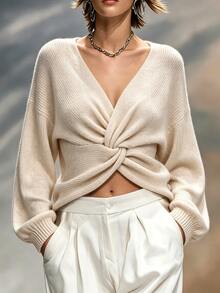 Omancia Women Reversible 2‑Way Wear Knit Pullover, Round Neck / Twist V‑Back Drop Shoulder Fall Sweater - Apricot - View 1