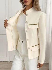 Yalmera Women's 20226 Autumn/Winter Elegant Gold Trim Small Stand Collar Wool - Beige - View 7
