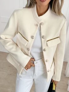 Yalmera Women's 20226 Autumn/Winter Elegant Gold Trim Small Stand Collar Wool - Beige - View 5