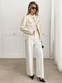 Yalmera Women's 20226 Autumn/Winter Elegant Gold Trim Small Stand Collar Wool - Beige - View 6