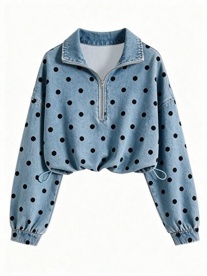 QUELARIE Women's Polka Dot Print American Vintage Half-Zip Niche Sweatshirt