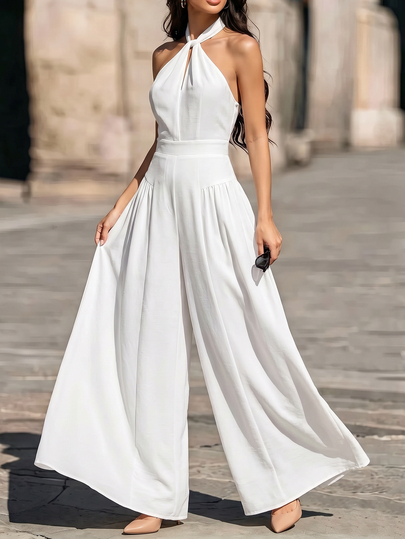 RosyDaze Jumpsuit Wanita Musim Panas Warna Putih Model Pas Badan dengan Tali Leher Halter dan Punggung Terbuka, Hiasan Renda di Bagian Belakang, Jumpsuit Minimalis Elegan Gaya Prancis Warna Polos, Cocok untuk Pesta, Pertemuan, dan Acara Lainnya
