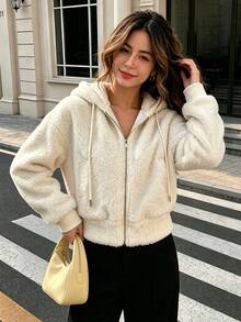Cévolie Women's Double-Sided Fleece Waist-Cinching Casual Sweatshirt Everyday Off-White Winter - Apricot - View 5