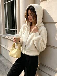 Cévolie Women's Double-Sided Fleece Waist-Cinching Casual Sweatshirt Everyday Off-White Winter - Apricot - View 4