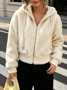 Cévolie Women's Double-Sided Fleece Waist-Cinching Casual Sweatshirt Everyday Off-White Winter - Apricot - View 1