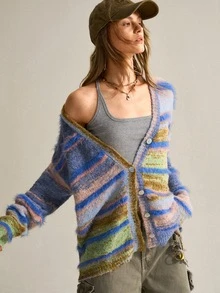 SHEIN Sweater Bergaris Warna-warni American Vintage, Atasan Rajut Lembut dan Halus dengan Leher V dan Kancing Tunggal - Biru - View 6