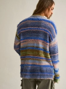 SHEIN Sweater Bergaris Warna-warni American Vintage, Atasan Rajut Lembut dan Halus dengan Leher V dan Kancing Tunggal - Biru - View 3