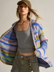 SHEIN Sweater Bergaris Warna-warni American Vintage, Atasan Rajut Lembut dan Halus dengan Leher V dan Kancing Tunggal - Biru - View 5