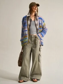 SHEIN Sweater Bergaris Warna-warni American Vintage, Atasan Rajut Lembut dan Halus dengan Leher V dan Kancing Tunggal - Biru - View 4