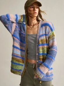 SHEIN Sweater Bergaris Warna-warni American Vintage, Atasan Rajut Lembut dan Halus dengan Leher V dan Kancing Tunggal - Biru - View 1