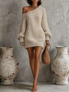 SHEIN Fall Winter Coffee Irregular Off Shoulder Oversized Long Knit Sweater - Khaki - View 7