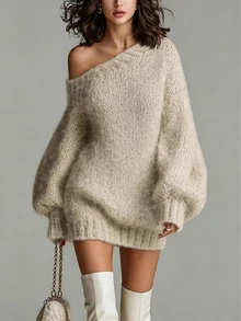 SHEIN Fall Winter Coffee Irregular Off Shoulder Oversized Long Knit Sweater - Khaki - View 1
