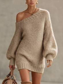 SHEIN Fall Winter Coffee Irregular Off Shoulder Oversized Long Knit Sweater - Khaki - View 8