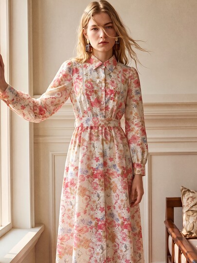 SHEIN Damekjole i fransk elegant cottagecore-stil, romantisk vintage med skjortekrave, broderet stof med blondelommer, afslappet efterårsoutfit til brunch, pink blomsterprint